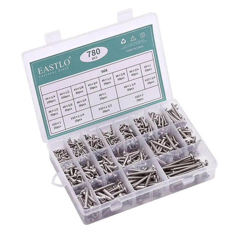 780 Piece Stainless Steel Sheet Metal Screws Assortment Kit Pan Head Self Tapping Screws In Sizes 4 6 8 10 304 Stainless Steel 18 8 Grade