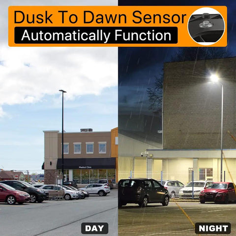 Day and night view of parking lot with 3 Pack 150W LED Shoebox Parking Lot Lights With 22500 Lumens 5000K Dusk Till Dawn sensor
