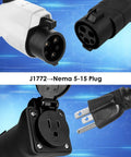 Close-up of J1772 to Nema 5-15 Plug Adapter Cable for E Bikes, showing connectors and plugs in detail.