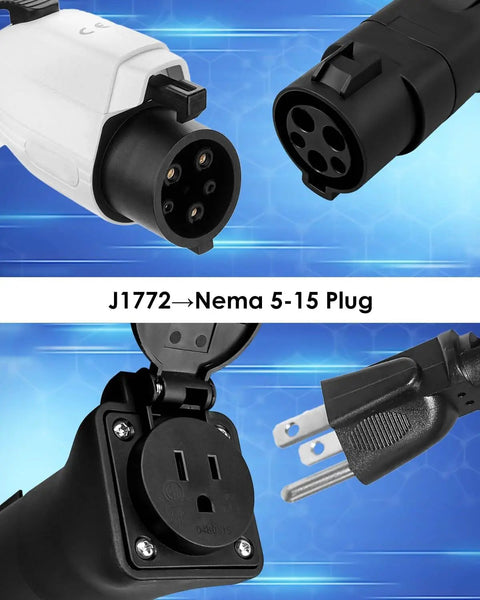 Close-up of J1772 to Nema 5-15 Plug Adapter Cable for E Bikes, showing connectors and plugs in detail.
