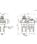 Technical diagram of Half Inch Air Compressor FRL Combo With Oil Water Separator, Filter Regulator Lubricator showing dimensions.