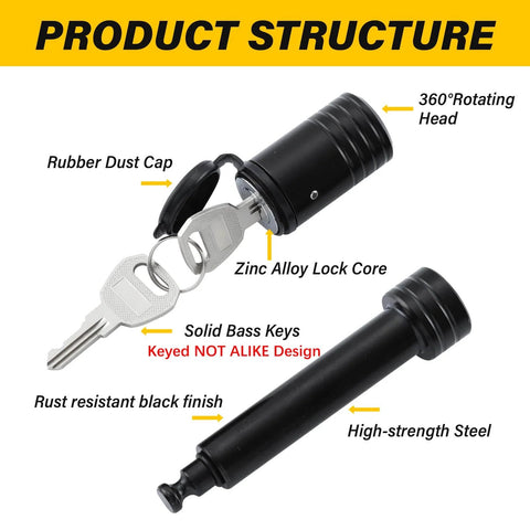 Heavy Duty Five Eighth Inch Hitch Lock Pin For Two Inch Receiver Tubes Fits Class III IV Trailer Hitches, Solid Steel With 360 Degree Rotating Head