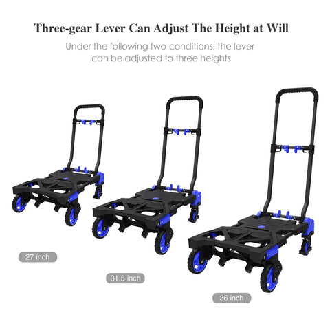Oyoest folding hand truck set with retractable handles and blue accents; three 27/31.5/36-inch models.