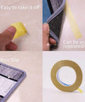Instructions showing carpet tape used with No Slip Stair Treads For Wooden Stairs 13 Pack 8 Inch By 30 Inch Indoor No Slip Blue Grey Carpet Runner Rugs With Carpet Tape Included Perfect For Marble Ceramic Tile And Wood Stairs Pet Friendly Kid Safe Elder Friendly Footprint Protection.