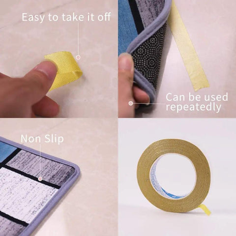 Instructions showing carpet tape used with No Slip Stair Treads For Wooden Stairs 13 Pack 8 Inch By 30 Inch Indoor No Slip Blue Grey Carpet Runner Rugs With Carpet Tape Included Perfect For Marble Ceramic Tile And Wood Stairs Pet Friendly Kid Safe Elder Friendly Footprint Protection.