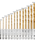 All Purpose 13 Piece Drill Bit Set With 135 Degree Titanium Coated High Speed Steel Bits In A Hard Storage Case For Wood Metal Plastic Aluminum Copper Fiberglass And More Ideal For Electric Drills, showing drill bits of various sizes.