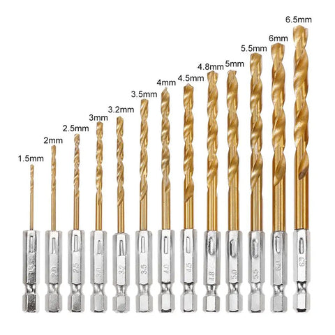 All Purpose 13 Piece Drill Bit Set With 135 Degree Titanium Coated High Speed Steel Bits In A Hard Storage Case For Wood Metal Plastic Aluminum Copper Fiberglass And More Ideal For Electric Drills, showing drill bits of various sizes.