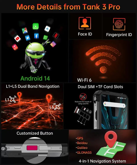 Badass Rugged Smartphone With 5G And Knockout 23800mAh Battery Running Android 15 Featuring Integrated Pocket Projector That Hits Different For Daily Grind And Weekend Getaways interface details showing Android 14 features, navigation options, and security measures.