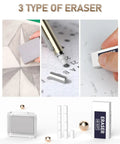 Three types of erasers included in Pro Grade Art Mechanical Pencil Set For Artists with pencils and accessories displayed.