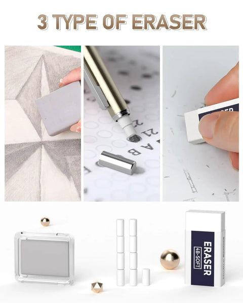 Three types of erasers included in Pro Grade Art Mechanical Pencil Set For Artists with pencils and accessories displayed.