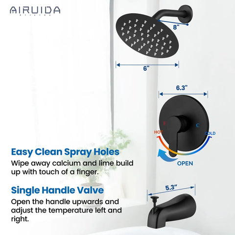 Solid Wall Mount Shower Faucet Set With Heavy Duty 6 Inch Rainfall Head And Smooth Tub Spout In Sharp Matte Black For Reliable Bathroom Overhauls And Killer Water Flow