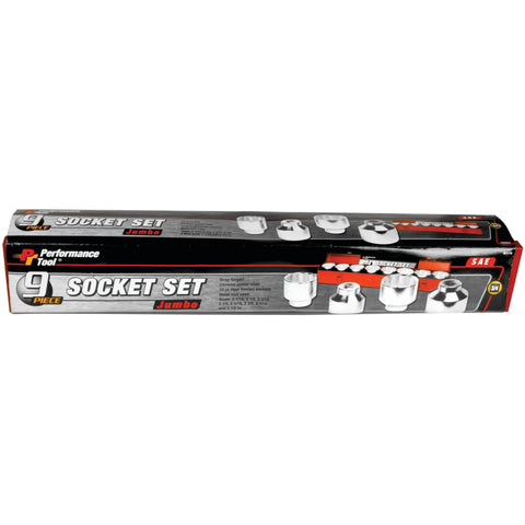 Beefy 9-Piece 3/4 Inch Drive Jumbo Socket Set With Extra Large SAE Sizes Ranging From 2 1/16 To 2 1/2 Inches box packaging