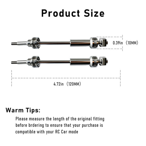 Stainless Front And Rear CVD Drive Shaft Upgrade Set For One Tenth Scale Slash VXL 4X4 with Hex Hop Ups dimensions
