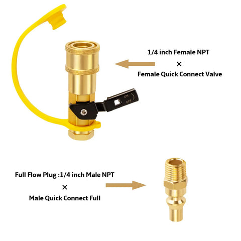 Quarter Inch RV Propane Quick Connect Adapter Kit With Shutoff Valve And Full Flow Plug Solid Brass Fittings