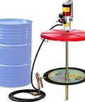 Built Like A Tank Air Operated Grease Pump With Killer 50 To 1 Pressure Portable Pneumatic Grease Gun setup with blue drum and red cover.