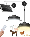 Dual Color Solar Shed Lights 2 Pack With Remote, indoor outdoor pendant lamps with animals and solar panel visible