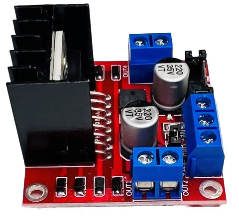 L298N Dual Channel Motor Driver Module For Arduino ESP32 ESP8266 Raspberry Pi with capacitors and connectors, red circuit board