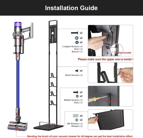 Installation guide for Vacuum Stand For Dyson V15 V11 V10 V8 V7 V6 Handheld Cordless Vacuums showing assembly steps.