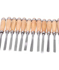 Knockout 12 Piece Wood Turning Chisels Set, High Speed Steel Carving Tools with wooden handles and steel blades.