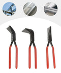 Three Piece Sheet Metal Bending Pliers Set Pro Grade With Straight 45 Degree And 90 Degree Jaws shown with red handles