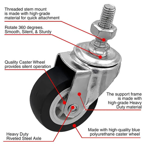 Heavy Duty Swivel Caster Wheels With Polyurethane Tread 2 Inch Diameter Non Marking Floor Safe Silent Rolling Action 3 8 Inch Threaded Stem 65 Pound Capacity Set Of 4 close-up of swivel caster with threaded stem.