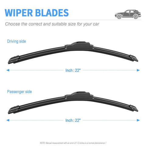 Straight Up Heavy Duty Silicone Windshield Wiper Blades 22 Plus 22 Inch Replacement Kit For Ford F150 Chevy Suburban J Hook Arm shown with measurements.