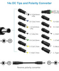 14 DC tips including micro-USB and Type-C for Adjustable DC Power Supply 6V To 24V With 5V 2A USB Port, polarity converter visible