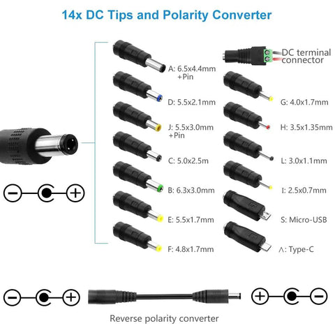 14 DC tips and polarity converter for Versatile 144W Adjustable DC Power Supply From 9V To 36V with detail view