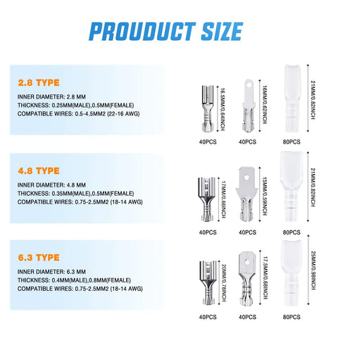 Insulated Male And Female Spade Terminals Quick Splice Assortment Tin Plated Copper Open Barrel Wire Connectors size chart
