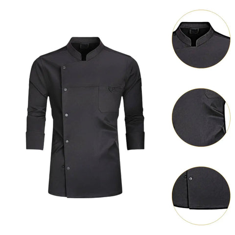 Heavy Duty Chef Coat With Chest And Sleeve Pocket Plus Hella Breathable Fabric That Keeps You Cool In The Heat, black chef jacket with pockets.