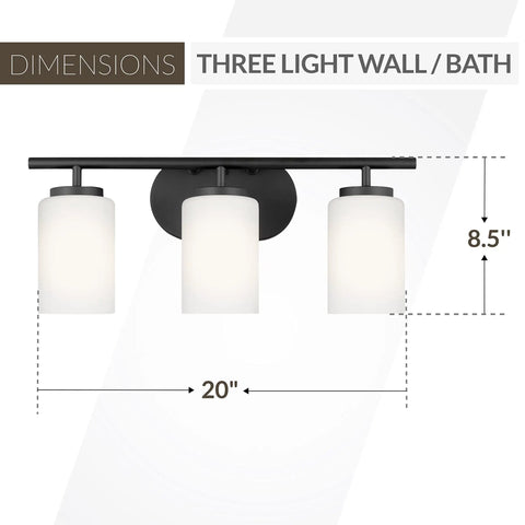 Midnight Black 3-Light Oslo Bath Vanity Wall Sconce, solid steel, 20 inches wide, 8.5 inches high, classic modern design.