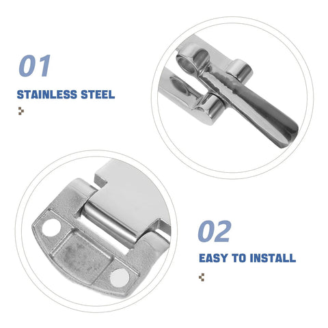 Stainless steel toolbox buckle lock with anti-rattle mechanism; two close-up views.