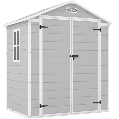 6x4 Ft Resin Outdoor Storage Shed With Floor Lockable Door Weatherproof Plastic Shed for patio furniture and tools, light gray.