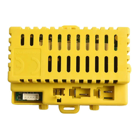 Top view of a yellow receiver box from the 24V Kids Ride On Electric Car Receiver Box Kit With 2.4G Remote Control, 5 Pin Board, Transmitter And Replacement Parts Conversion Kit For Easy Upgrades, Stable Performance, Safe Fun For Little Drivers