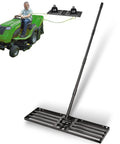 Heavy Duty Lawn Leveling Rake With 68 Inch Adjustable Stainless Steel Handle attached to lawn mower