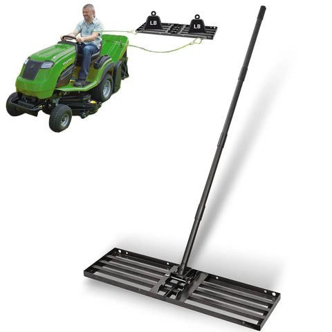 Heavy Duty Lawn Leveling Rake With 68 Inch Adjustable Stainless Steel Handle attached to lawn mower