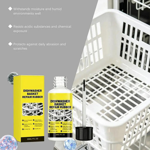 Slick Dishwasher Rack Repair Coating 30 Ml White Touch Up Paint with brush and yellow packaging next to a dishwasher basket.