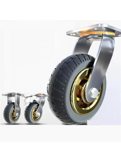Four 8 Inch Heavy Duty Caster Wheels Set With Universal Swivel And Directional Brake, metallic and rubber components close-up view
