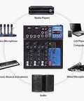 Diagram of 4 Channel DJ Mixer Board With Bluetooth USB Audio Interface And 48V Phantom Power connecting to various devices.