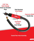 Beefy Low Speed Tire Buffer 0.6 HP 2600 RPM With Coaxial Rear Hose Threaded Arbor Easy Throttle Lever Stall-Resistant Ergonomic Grip