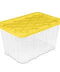 Tough As Nails 27 Gallon Plastic Storage Totes With Secure Locking Lids For Garage Organization 16 Pack Heavy Duty Stackable Bins, clear with yellow lid.