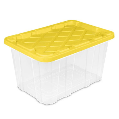Tough As Nails 27 Gallon Plastic Storage Totes With Secure Locking Lids For Garage Organization 16 Pack Heavy Duty Stackable Bins, clear with yellow lid.