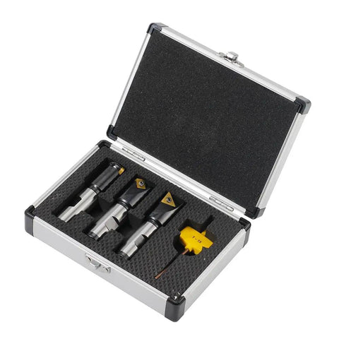 Beefy Pro Grade End Mill Set With 3 Carbide Mills Including 45 Degree, 90 Degree And 3/16R, 3/4 Inch Shank And 1 Inch Head in case