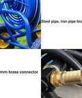 Close-up of Built Tough Garden Hose Reel Cart with smooth rolling casters, steel frame, and brass connectors for easy water hose storage.