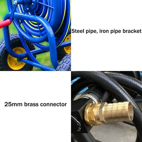 Close-up of Built Tough Garden Hose Reel Cart with smooth rolling casters, steel frame, and brass connectors for easy water hose storage.