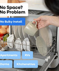 Portable Countertop Dishwasher With Five Wash Programs And Straight Setup Faucet Hookup Ideal For Small Apartments Dorms And Motorhome Cabins, loading dishes.
