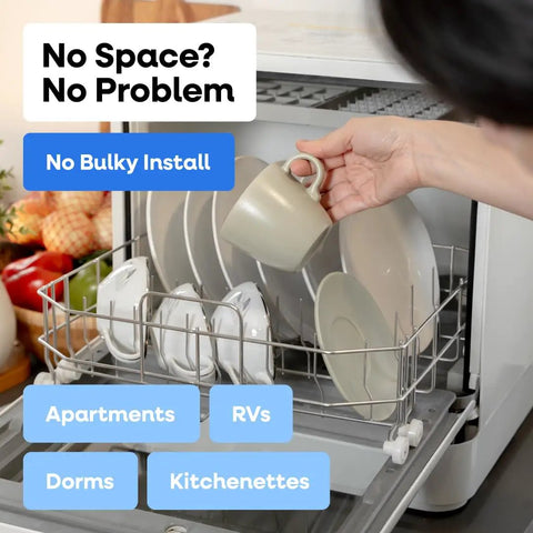 Portable Countertop Dishwasher With Five Wash Programs And Straight Setup Faucet Hookup Ideal For Small Apartments Dorms And Motorhome Cabins, loading dishes.