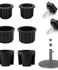 8 Piece Umbrella Base Hole Ring Plug Covers And Caps Set For Patio Stand Replacement Parts Includes 1.9 Inch And 1.5 Inch Ring Inserts And 2.2 Inch Sleeve Caps For Outdoor Heavy Duty Base showing rings, plug covers, and sleeve caps in black plastic.