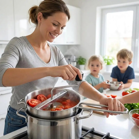 Woman using Stainless Steel Food Mill With Three Milling Discs on pot for tomato sauce, children in background