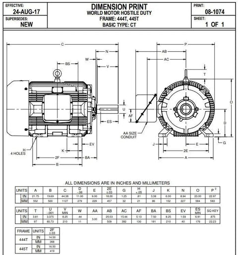 Doggone Rugged 125 Hp Electric Motor 1800 Rpm 460 Volts Three Phase Tefc Nema 444t Frame dimension drawing with measurements